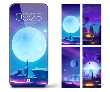 Various digital illustrations displayed on a smartphone and in different layouts